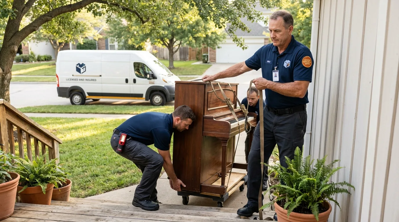 Licensed piano movers securing grand piano in Huntington, IN