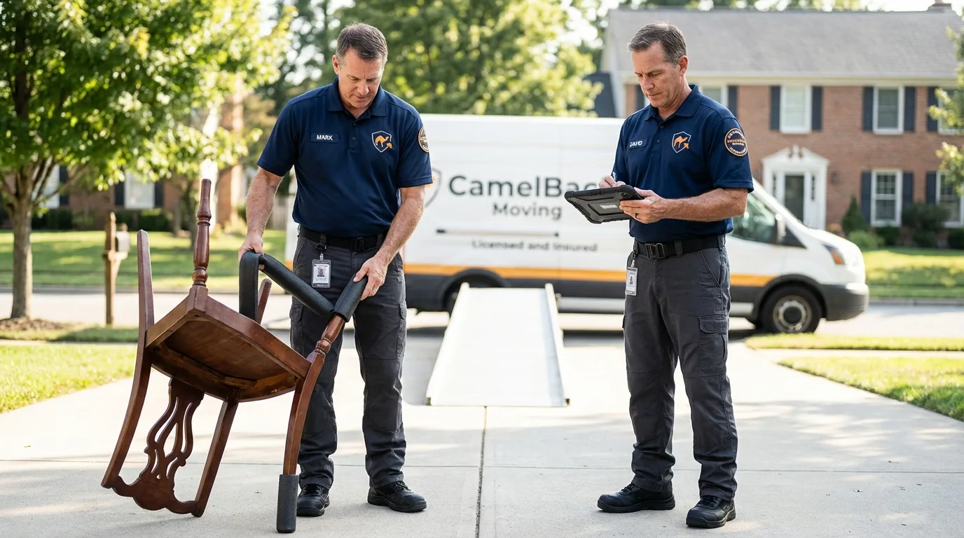 Movers inspecting furniture for damage prevention before loading in Huntington, IN