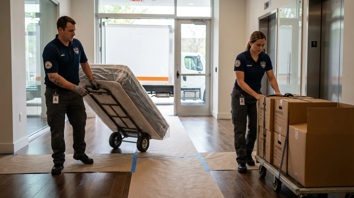 Professional apartment movers loading elevator in Huntington, IN