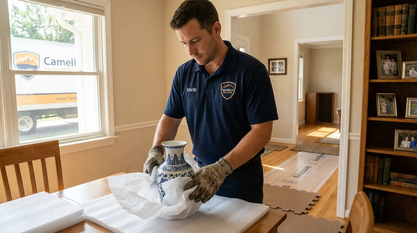 Professional crew carefully wrapping antique vase for senior downsizing move in Huntington, IN
